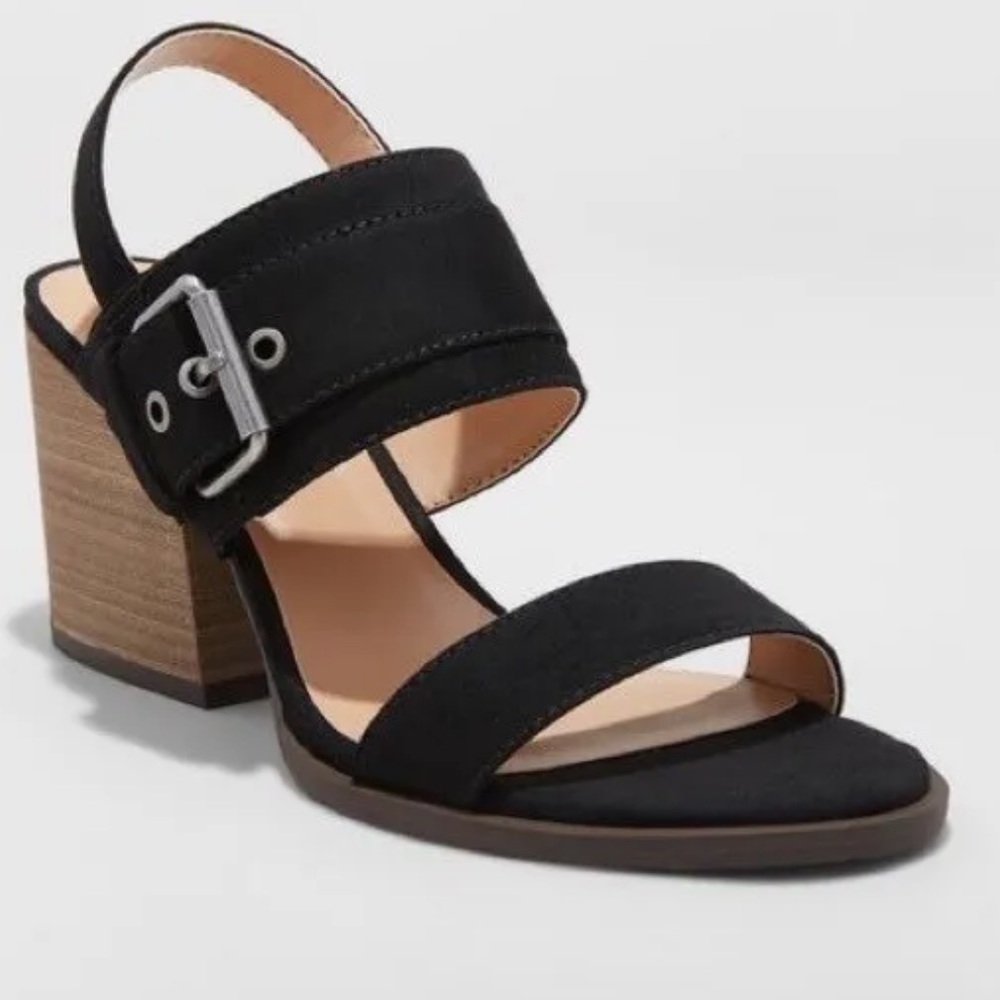 Black Faux Suede Block Heel Sandals